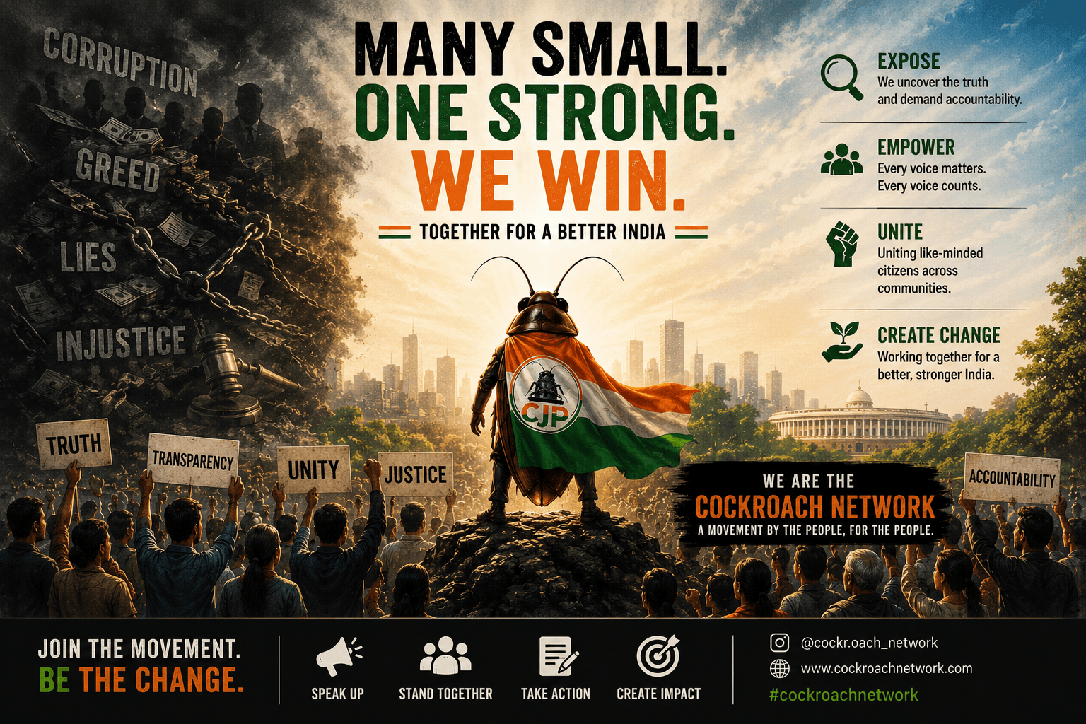 Cockroach Network civic movement artwork about unity, transparency, justice, and accountability